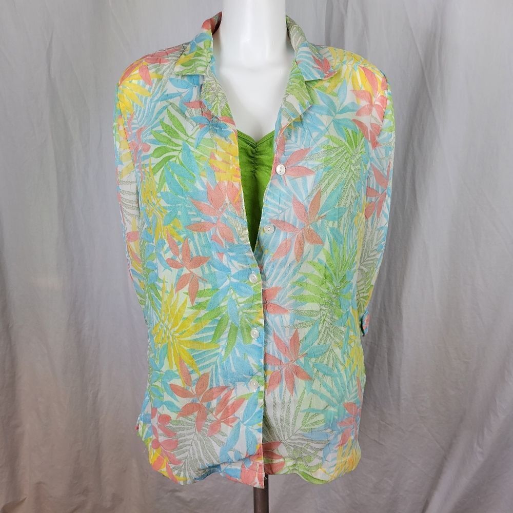 Cathy Daniels Sheer Leaf Print Button Down Blouse